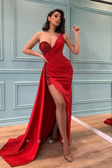 P1335 - Strapless High Slit Beads Sleeveless Satin Long Evening Party Prom Dress