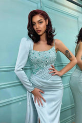 P1336 - Classy Top Beads Long Sheath Pleats Evening Formal Prom Dress with Sleeves