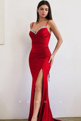 P1340 - Sheath/Column Straps V-Neck Beads Pleats Prom Party Dress with Split