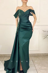P1341 - Off-Shoulder V-Neck Beads Cap Sleeves Pleats Evenin g Formal Prom Dress