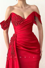 P1341 - Off-Shoulder V-Neck Beads Cap Sleeves Pleats Evenin g Formal Prom Dress