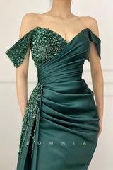 P1341 - Off-Shoulder V-Neck Beads Cap Sleeves Pleats Evenin g Formal Prom Dress
