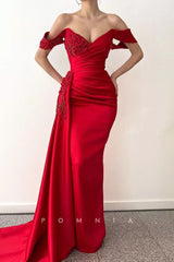 P1341 - Off-Shoulder V-Neck Beads Cap Sleeves Pleats Evenin g Formal Prom Dress