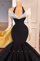 P1342 - Stunning Halter Pleated Mermaid Satin Evening Formal Dress with Sleeves