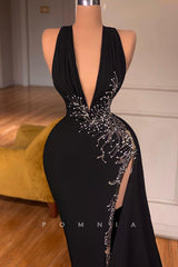P1343 - Sheath V-Neck Beads Sleeveless High Slit Long Formal Evening Dress