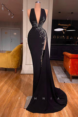 P1343 - Sheath V-Neck Beads Sleeveless High Slit Long Formal Evening Dress