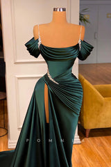 P1344 - Elegant Scoop Straps Pleated Satin High Split Evening Prom Formal Dress