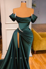 P1344 - Elegant Scoop Straps Pleated Satin High Split Evening Prom Formal Dress