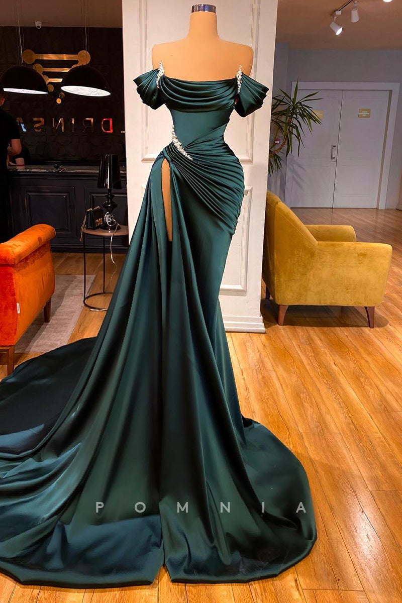 P1344 - Elegant Scoop Straps Pleated Satin High Split Evening Prom Formal Dress