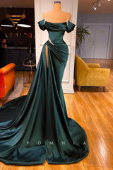 P1344 - Elegant Scoop Straps Pleated Satin High Split Evening Prom Formal Dress