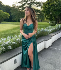 Sexy Mermaid Strapless Dark Green High Slit Long Prom Dresses P1344