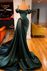 P1345 - Halter Straps Scoop Pleats Beads Long Evening Formal Dress with Split