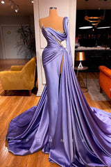 P1346 - A-Line One Shoulder Pleated Beads Long Sleeves Evening Formal Dress with Slit