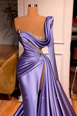 P1346 - A-Line One Shoulder Pleated Beads Long Sleeves Evening Formal Dress with Slit