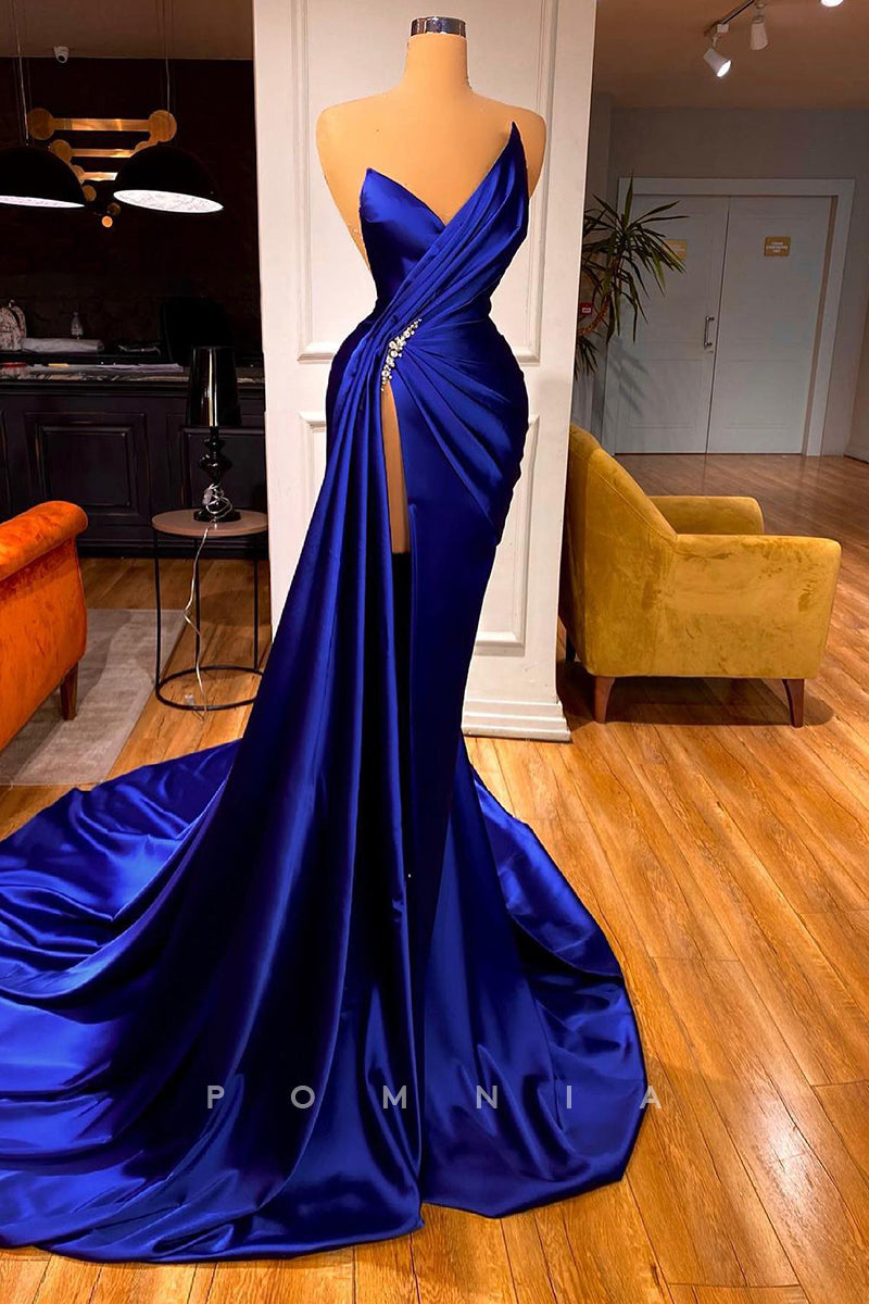 P1347 - Strapless V-Neck High Splir Pleats Long Evening Prom Formal Dress with Train