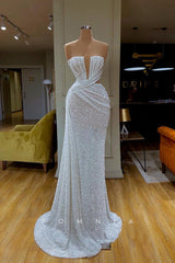 P1349 - Off-Shoulder Low V-Neck Sequined Pleats Sleeveless Prom Party Evening Dress