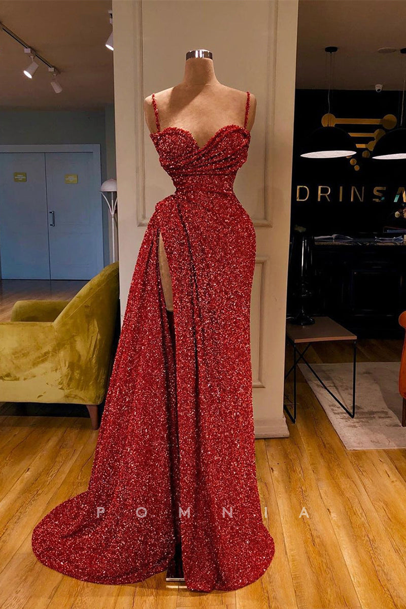 P1351 - Classy Straps Sweetheart Sequined High Split Prom Evening Party Dress