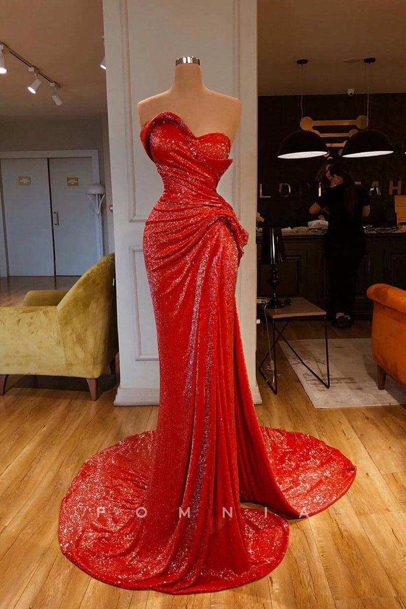 P1352 - Off-Shoulder Pleats Sequined Sleeveless Glitter Prom Evening Dress with Train