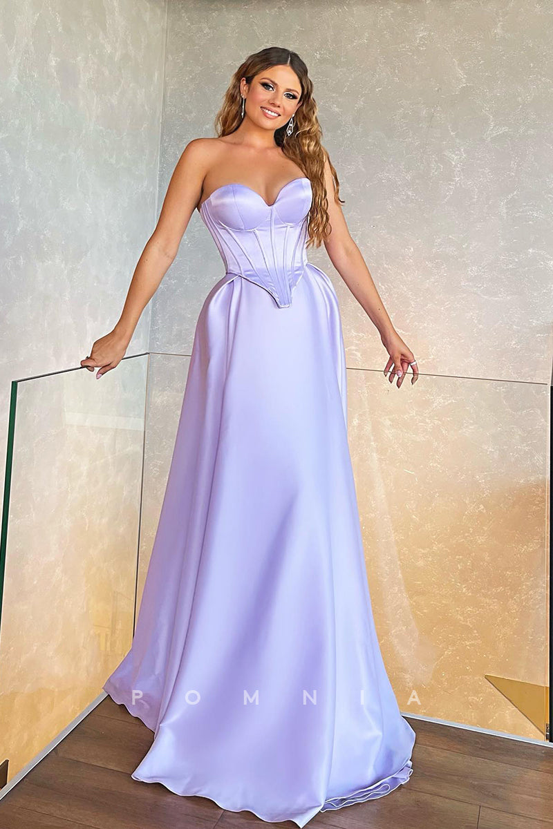 P1353 - A-Line Strapless Sweetheart Pleats Sleeveless Satin Long Prom Party Dress