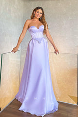 P1353 - A-Line Strapless Sweetheart Pleats Sleeveless Satin Long Prom Party Dress