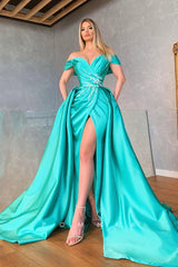 P1354 - Off-Shoulder V-Neck Cap Sleeves Beads Long Evening Formal Dress with Slit