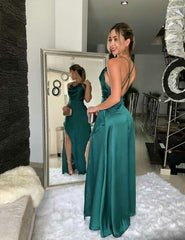 Sexy A line Straps Backless Silk Satin Long Dark Green Prom Dresses P1356