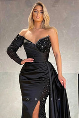 P1358 - Off-Shoulder Beads Long Sleeves Mermaid Pleats Evening Formal Dress with Train