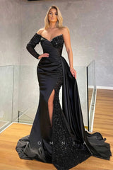 P1358 - Off-Shoulder Beads Long Sleeves Mermaid Pleats Evening Formal Dress with Train