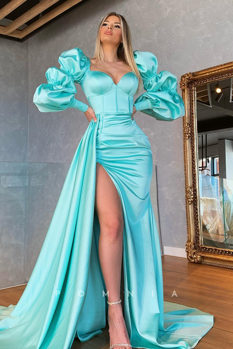 P1359 - A-Line Sweetheart Long Sleeves Pleats Evening Prom Party Dress with Split