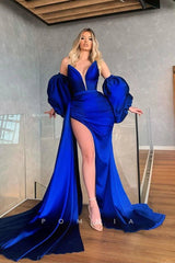 P1360 - Plunging V-Neck Side Slit Puff Sleeves Pleats Satin Evening Formal Dress