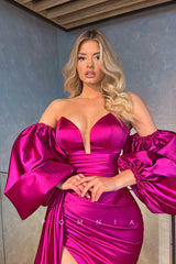 P1361 - Off-Shoulder Illusion V-Neck Puff Sleeves Long Evening Formal Dress