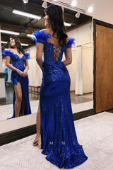 P1264 - Strapless Deep V-Neck Appliques Feathers Prom Evening Dress with High Slit