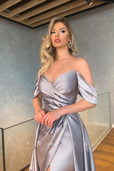 P1364 - Off-Shoulder Sweetheart A-Line Pleated Beads Long Evening Formal Dress with Slit