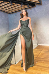 P1367 - Off-Shoulder V-Neck Side Slit Pleats Sheath Prom Formal Evening Dress