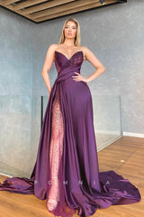 P1368 - A-Line Strapless V-Neck Beads Pleats Long Evening Formal Prom Dress with Slit