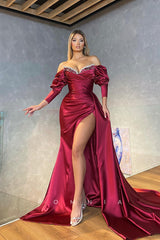 P1371 - Off-Shoulder V-Neck Beads Long Sleeves Evening Formal Dress with Split