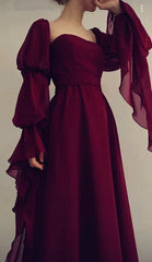 Retro Burgundy Long-sleeve A-Line Long Prom Dress Party Dress Evening Dress HZ1024
