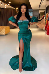 P1374 - Off-Shoulder Beads Cap Sleeves Mermaid Pleats Satin Evening Formal Dress