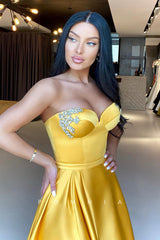 P1376 - A-Line Strapless  Beads SweetheartPleated Slit Long Evening Prom Dress with Sweep