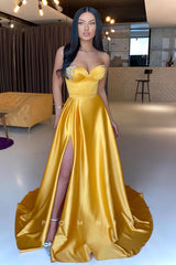 P1376 - A-Line Strapless  Beads SweetheartPleated Slit Long Evening Prom Dress with Sweep