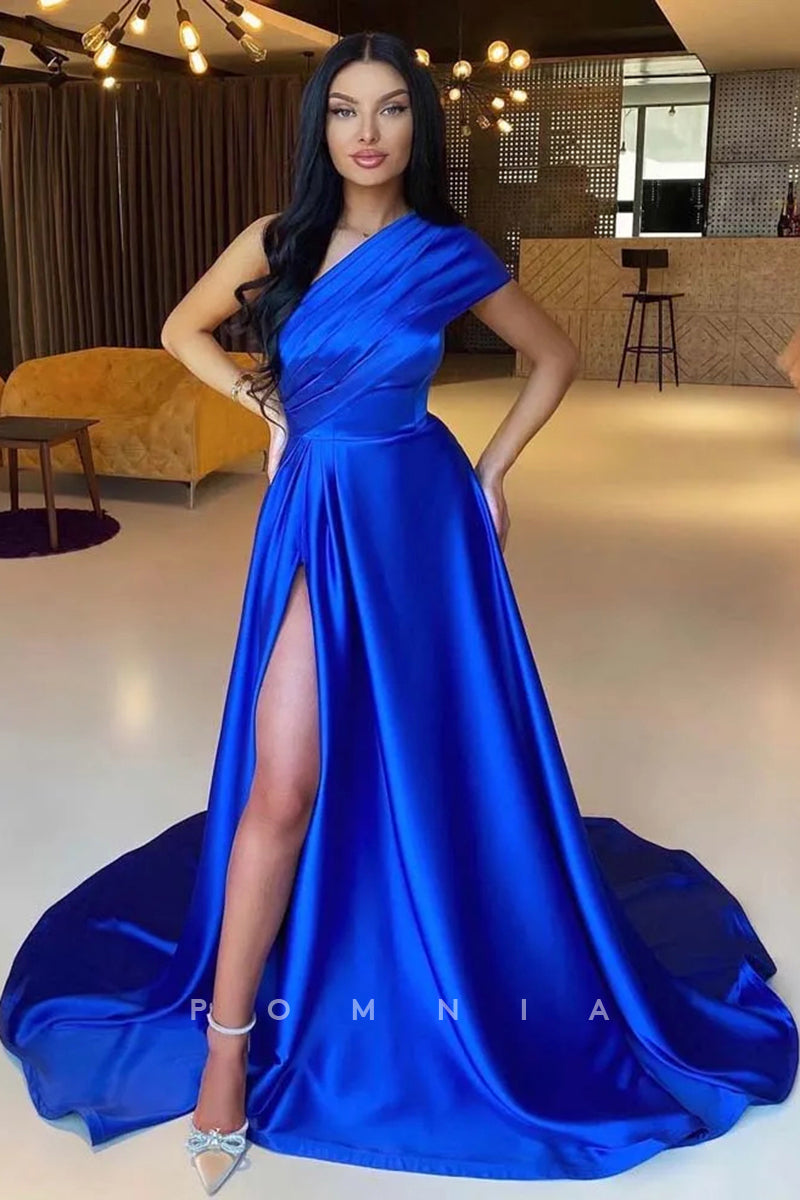 P1377 - A-Line One Shoulder Side Slit Pleats Satin Prom Party Evening Dress