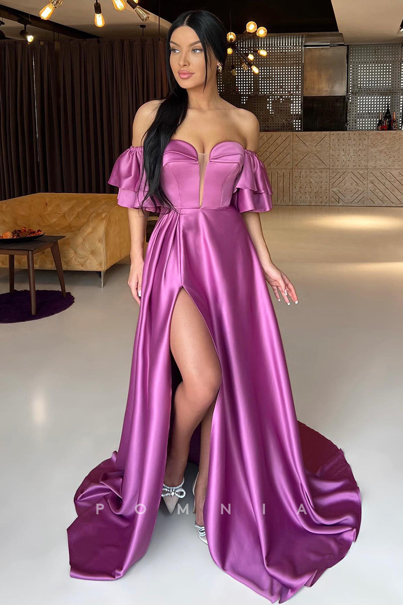 P1378 - A-Line Strapless Deep V-Neck Cap Sleeves Pleats Prom Evening Dress with Slit
