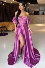 P1378 - A-Line Strapless Deep V-Neck Cap Sleeves Pleats Prom Evening Dress with Slit