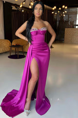 P1379 - Mermaid Strapless Beads Satin Pleats Prom Evening Formal Dress with Slit
