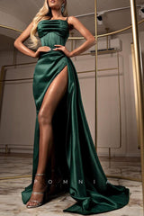 P1383 - Spaghetti Straps Ruched High Slit Satin Long Prom Party Dress with Train