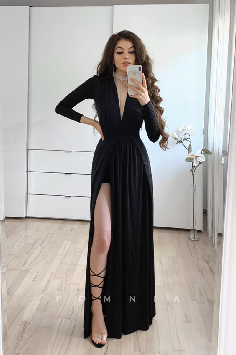 P1387 - Plunging V-Neck Long Sleeves High Slit Long Evening Formal Dress