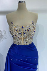 P1389 - Off-Shoulder Beading Scoop Pleats Sleeveless Long Evening Formal Dress with Slit
