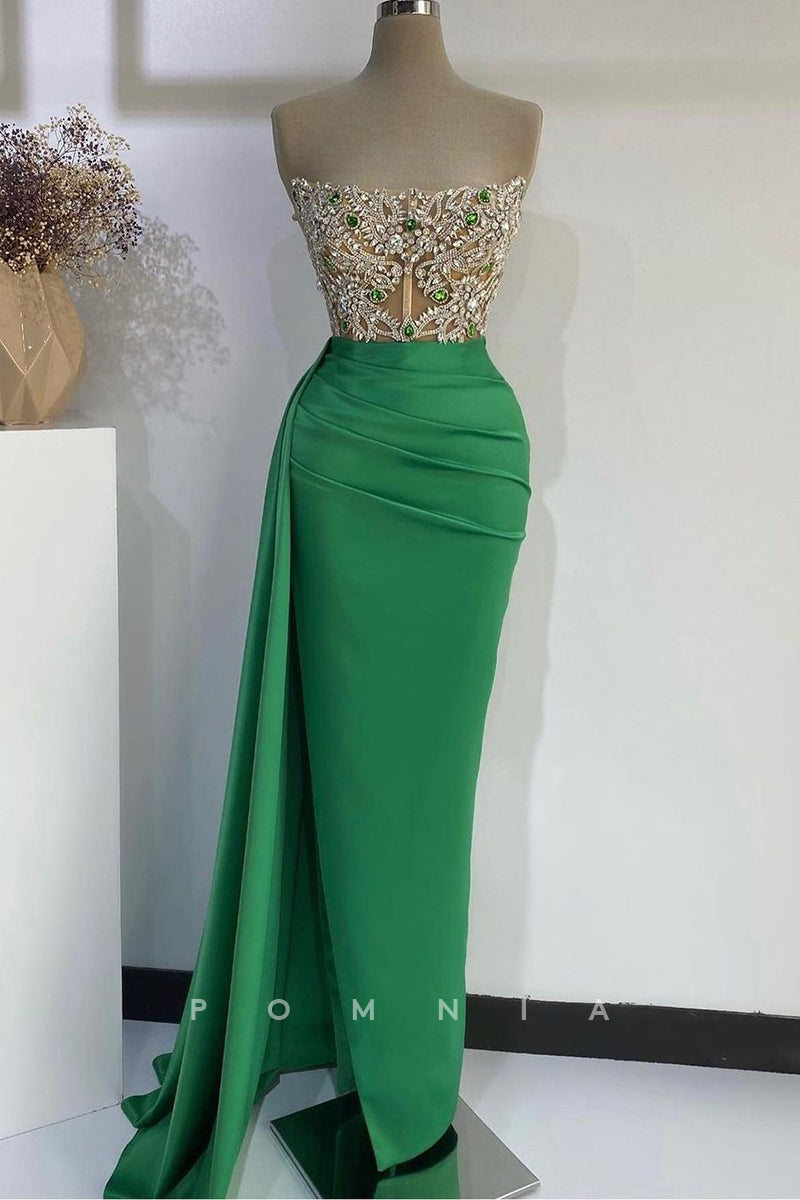P1389 - Off-Shoulder Beading Scoop Pleats Sleeveless Long Evening Formal Dress with Slit