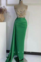 P1389 - Off-Shoulder Beading Scoop Pleats Sleeveless Long Evening Formal Dress with Slit