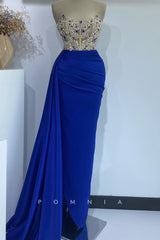 P1389 - Off-Shoulder Beading Scoop Pleats Sleeveless Long Evening Formal Dress with Slit